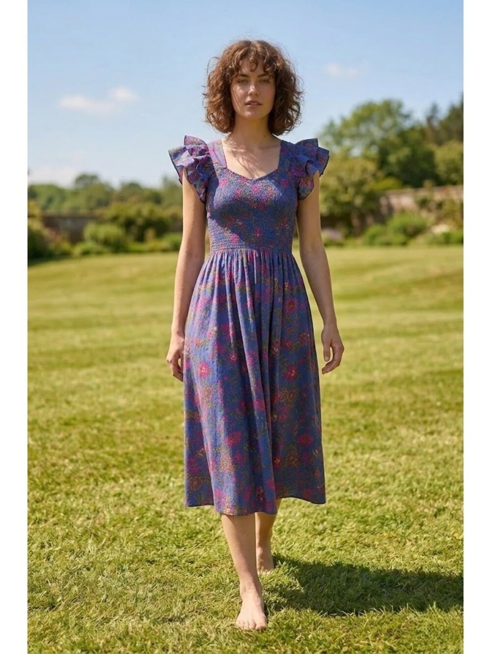 NWT Ivy City Co. Hattie Midi in Blue Multi Floral Smocked Cotton Dress S - Picture 8 of 9
